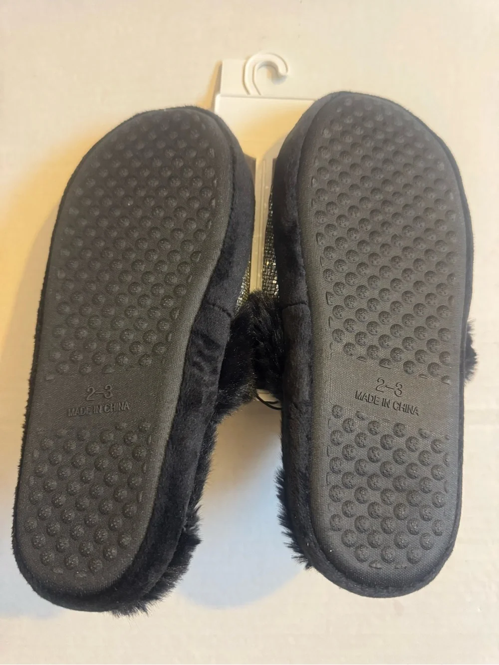 Justice Glitter Slide Slippers with Pink Logo and Black Faux Fur